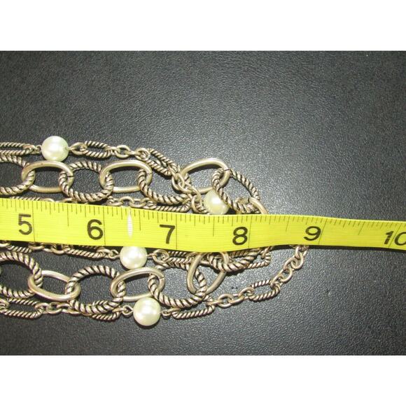 Silver Tone 3 Tier Chain Faux Pearl Bead Necklace 18" Boho Whimsigoth Retro Y2K - Picture 6 of 6